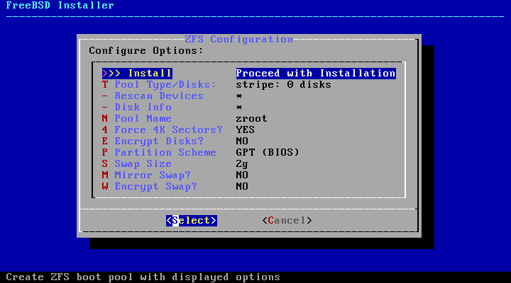 ZFS Partitioning Menu